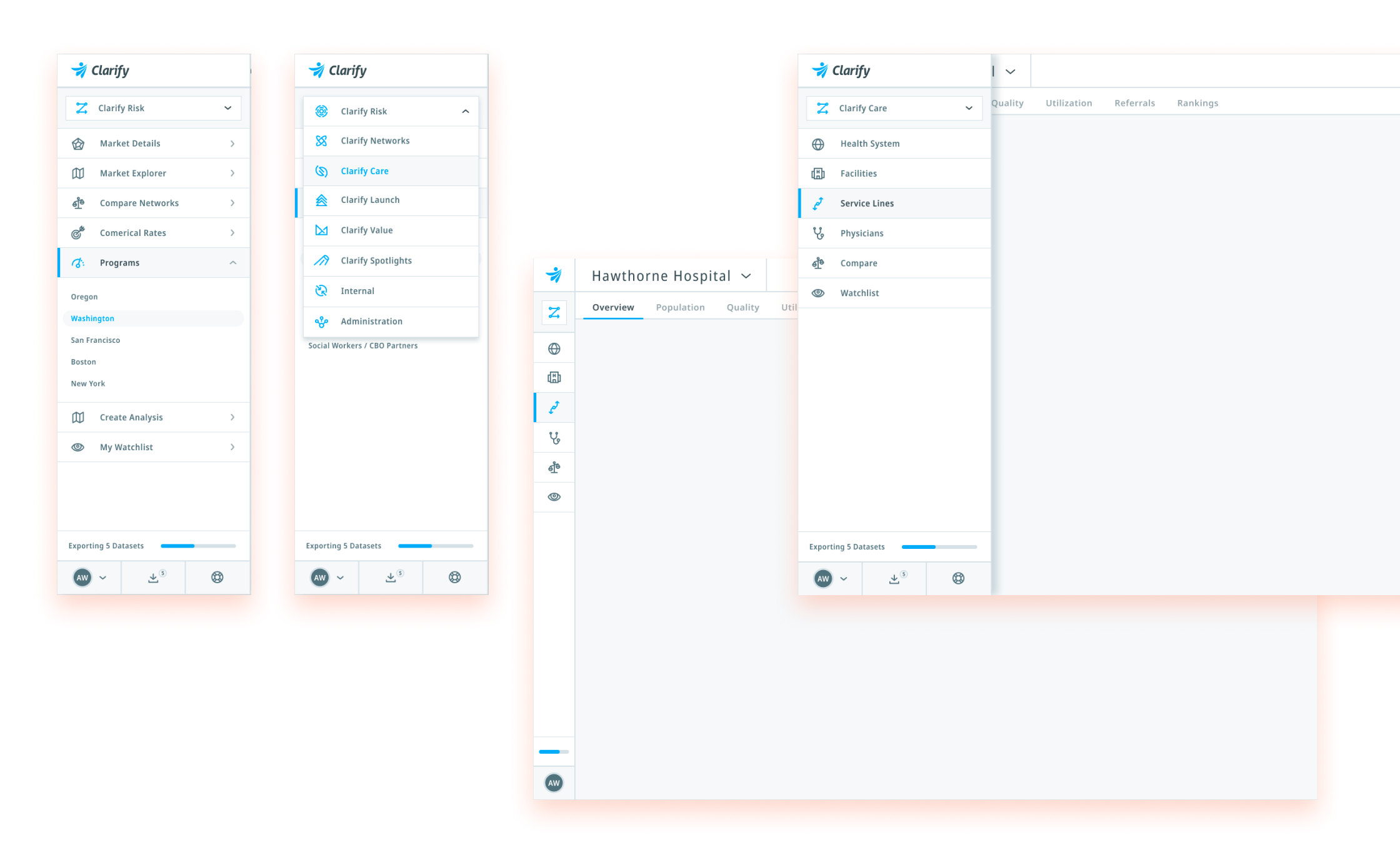 Clarify Health navigation system shown as expanded, product-switching, compact, and retractable navigation patterns