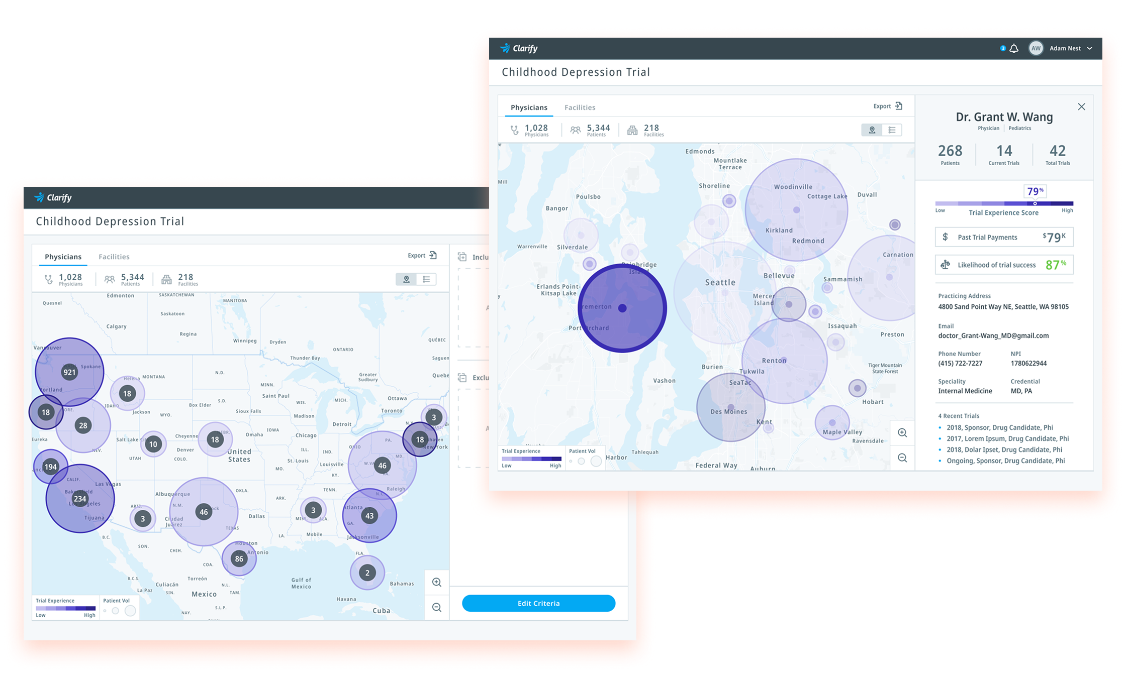 Clarify Health clinical trial exploration interfaces showing national and regional maps with physician details