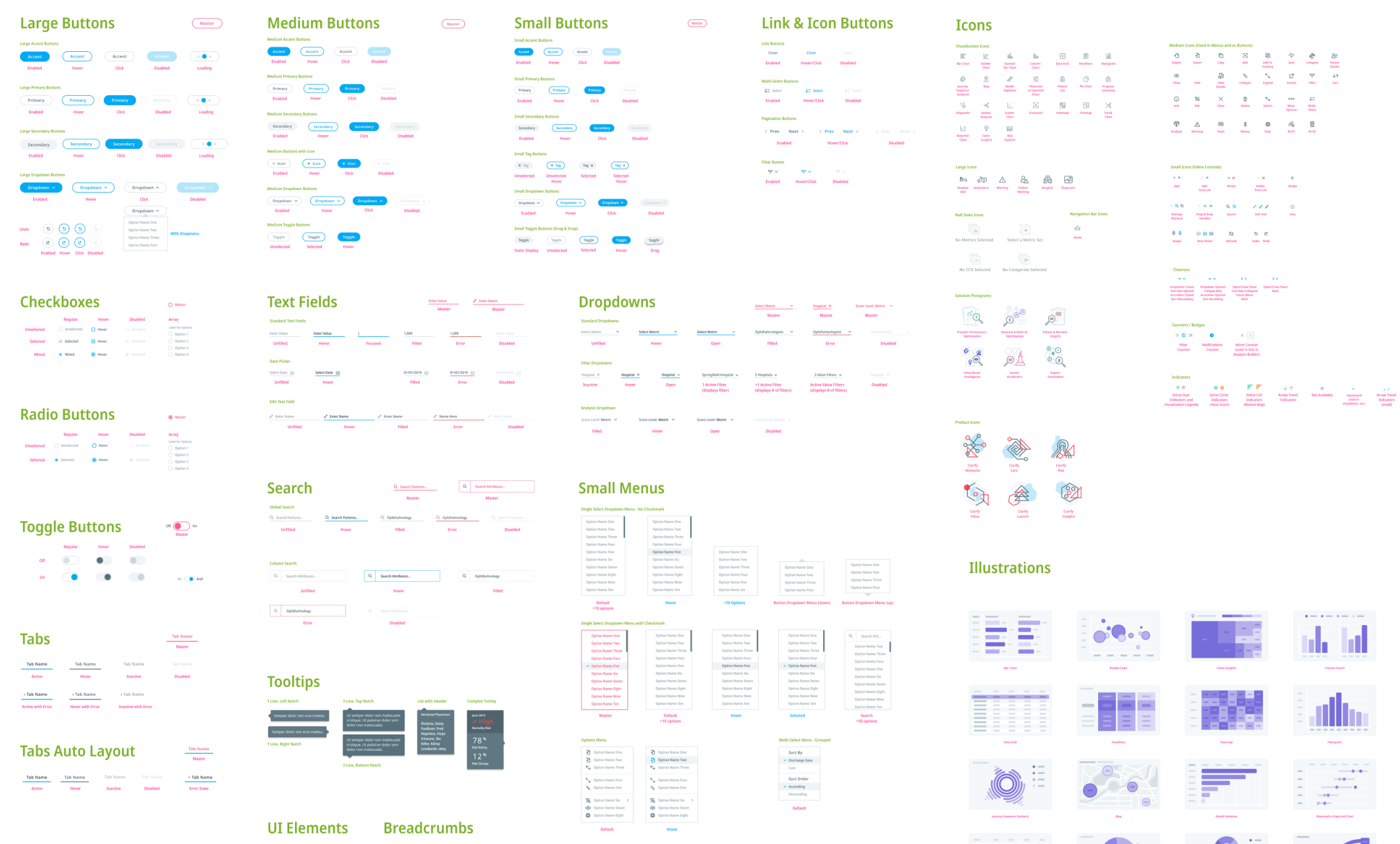 Clarify Health design system inventory showing buttons, fields, menus, icons, tooltips, and data visualization patterns