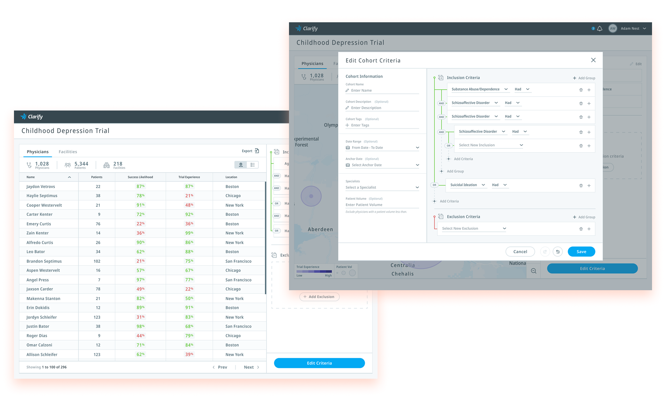 Clarify Health cohort workflow showing a physician table and a complex inclusion and exclusion criteria builder