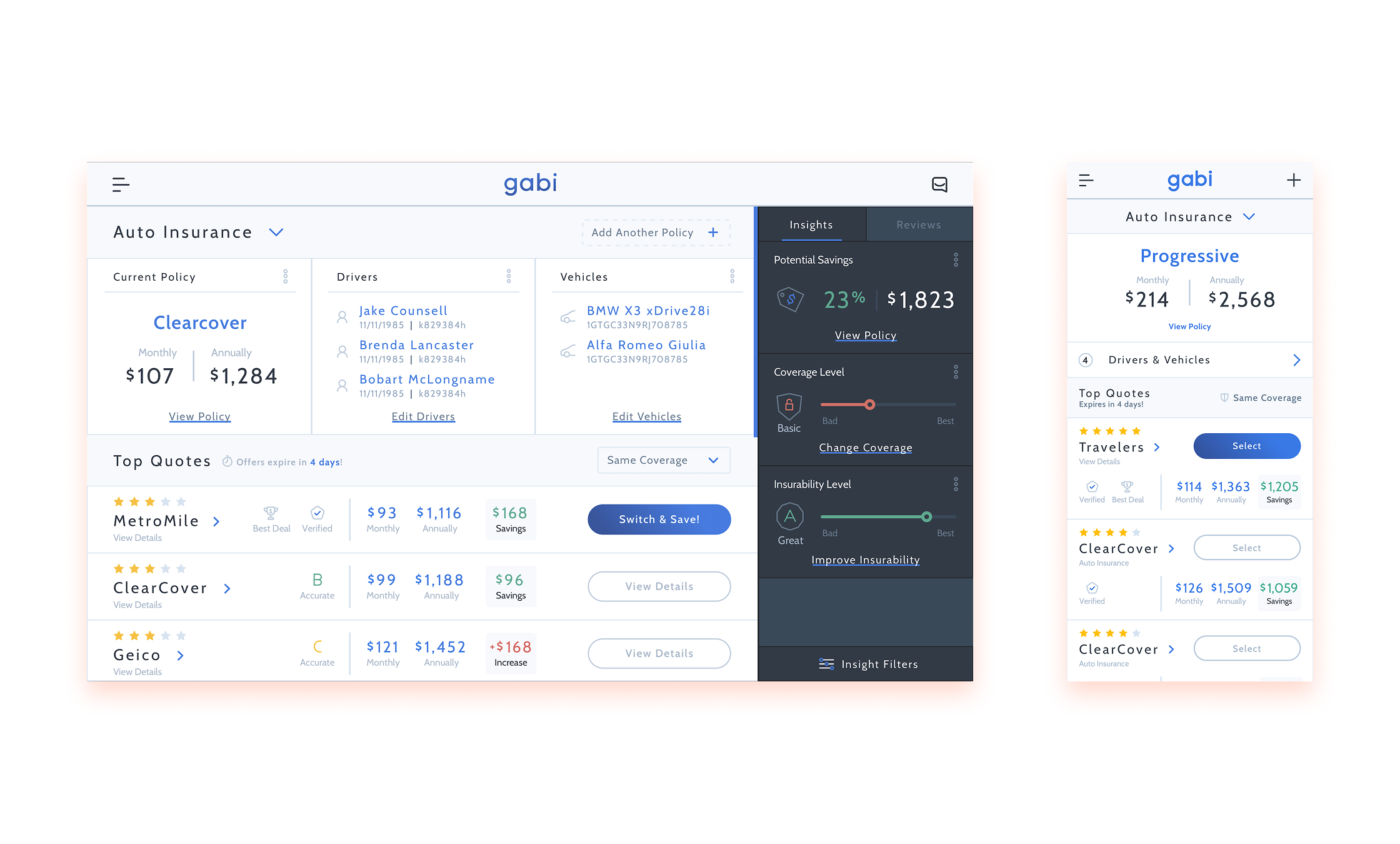 Gabi desktop and mobile insurance dashboard showing current policy details, drivers, vehicles, comparable quotes, savings, and coverage insights