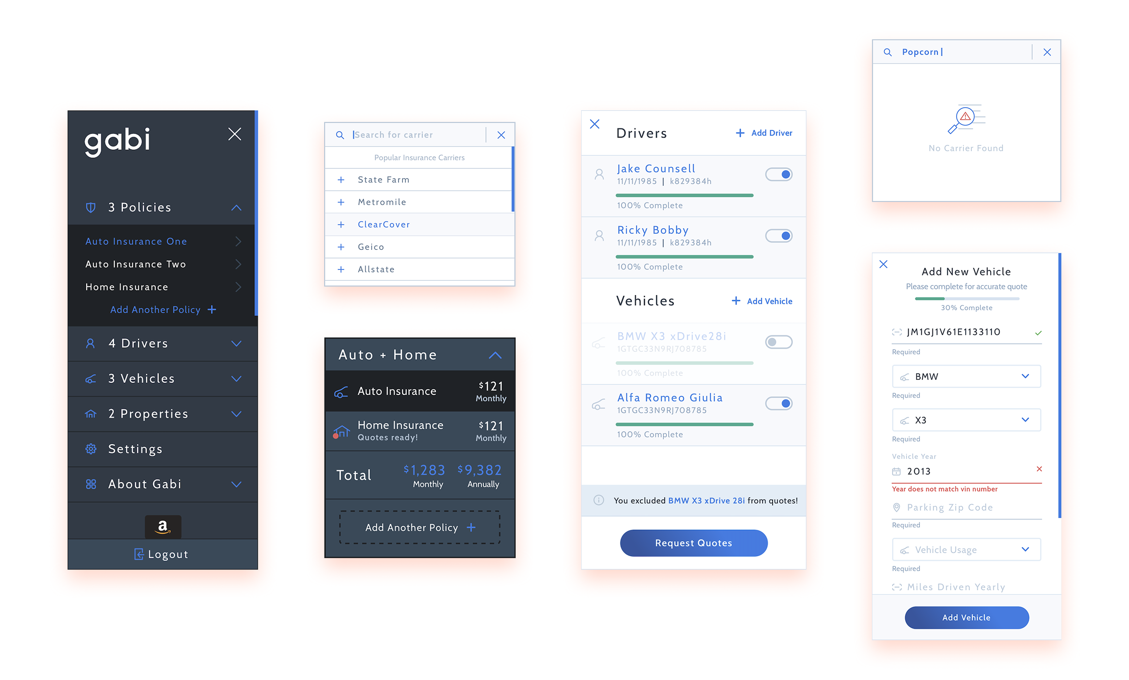 Gabi account-management patterns showing multiple policies, drivers, vehicles, properties, carrier search, quote bundles, completion states, and validation feedback