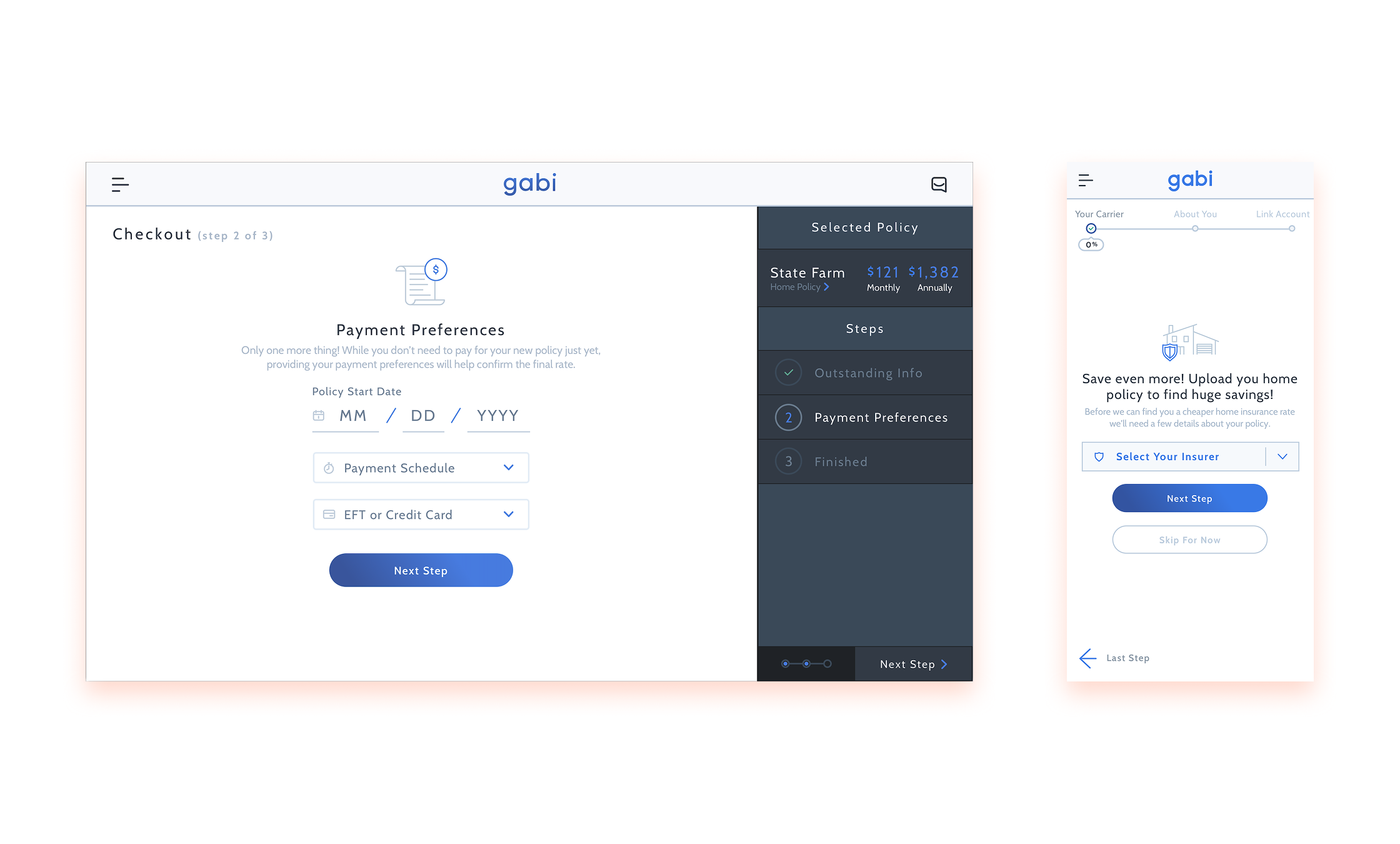 Gabi desktop checkout and mobile home-insurance onboarding showing payment preferences, progress, selected policy context, and a save-for-later path