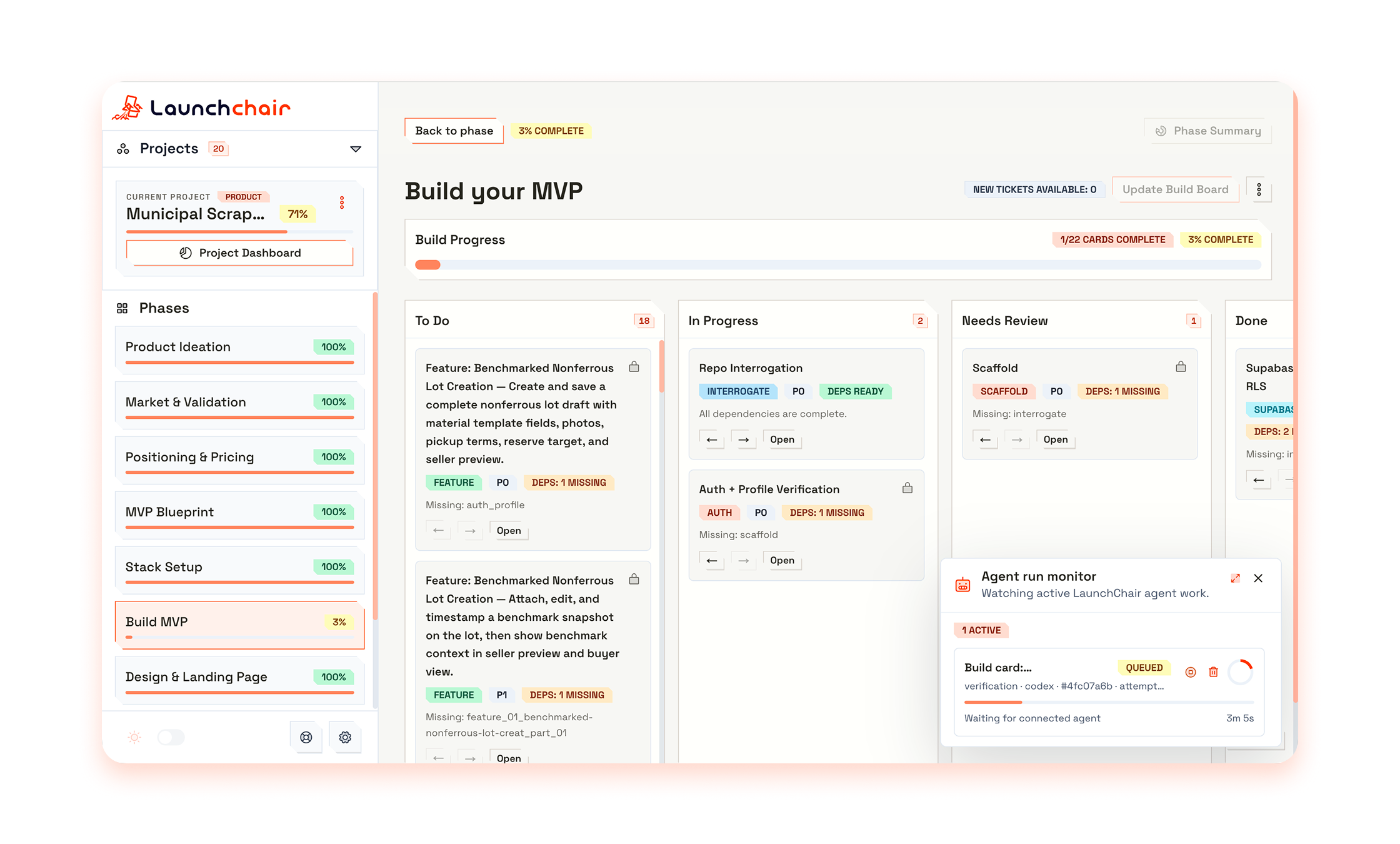 LaunchChair build board showing dependency-aware cards, review states, and an active agent run monitor
