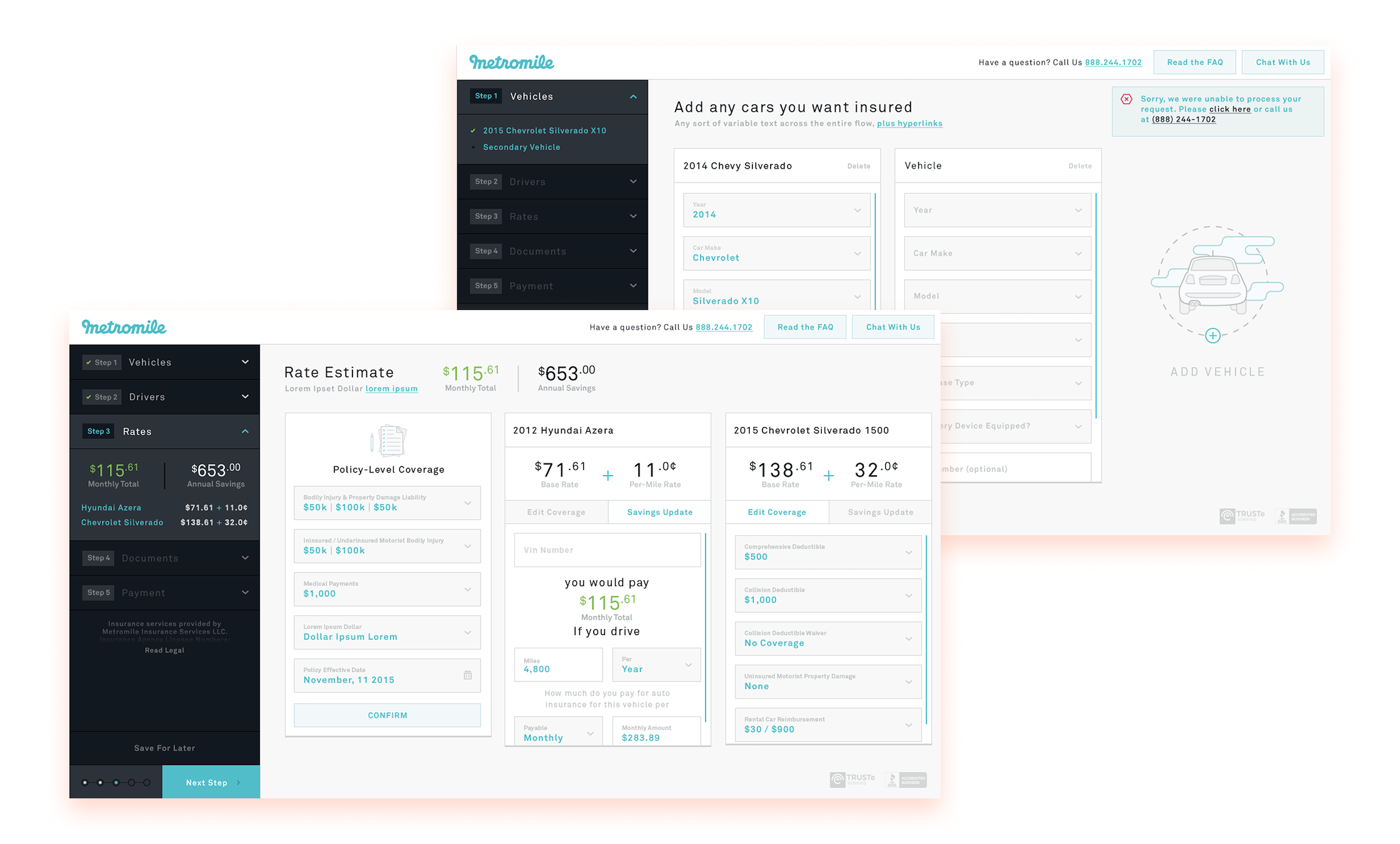 Metromile desktop quote flow showing progressive vehicle entry, driver and rate steps, coverage controls, per-mile pricing, and save-for-later behavior