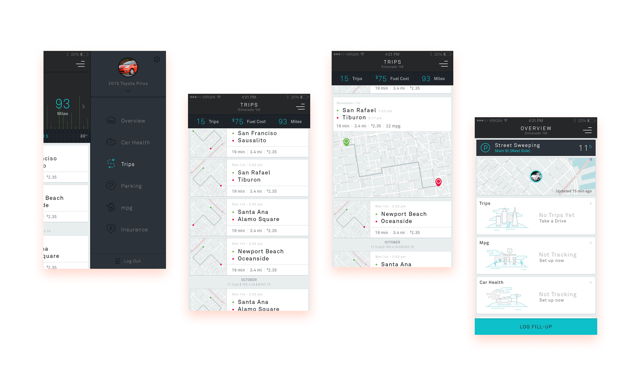 Metromile mobile navigation, trip history, trip detail, overview, and empty-state screens