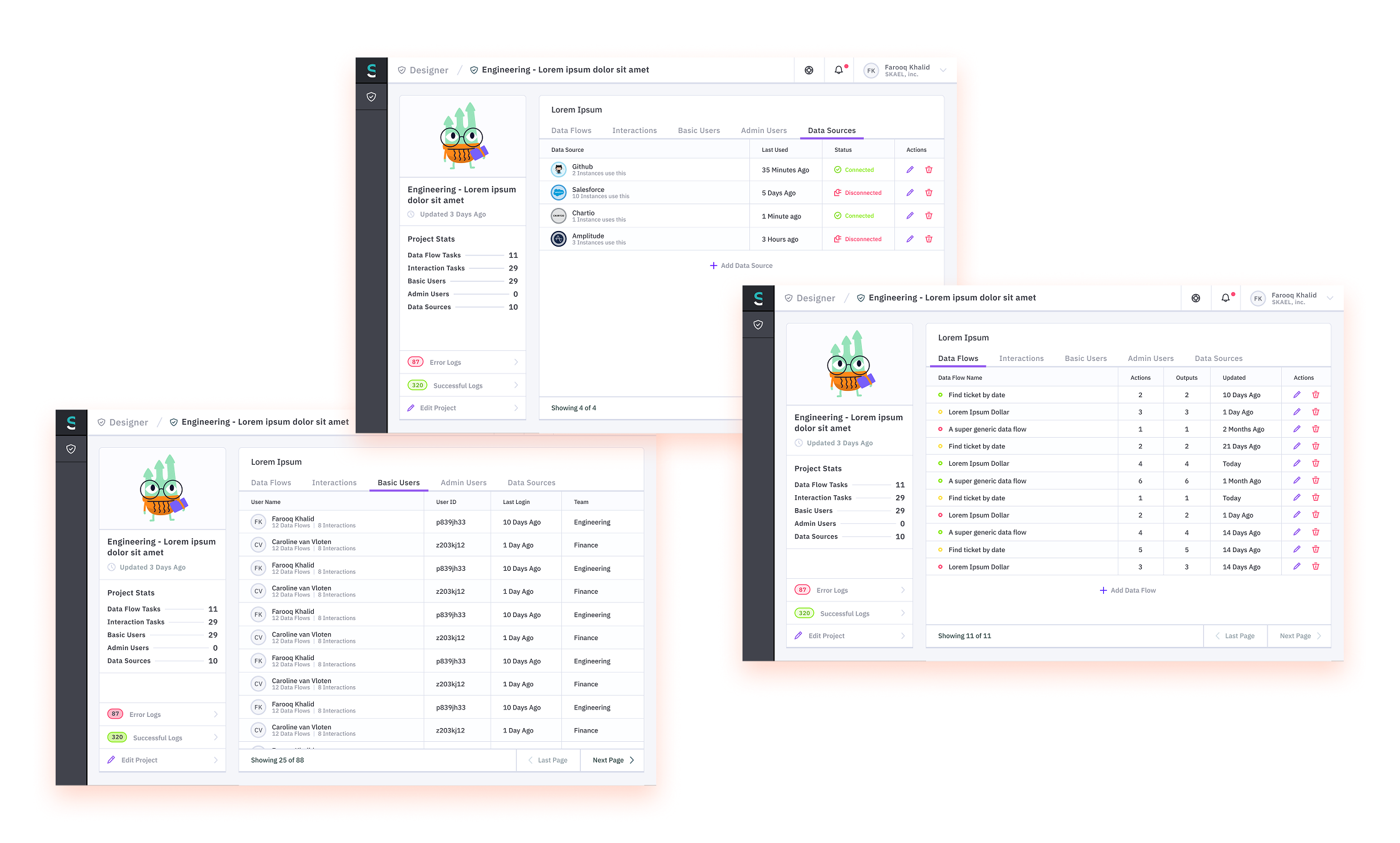 Skael project administration interfaces for data flows, users, data sources, and project status