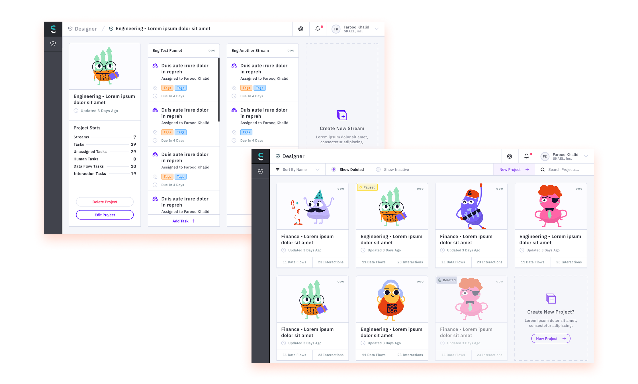 Skael project and stream management interfaces showing ownership, status, tasks, and project health