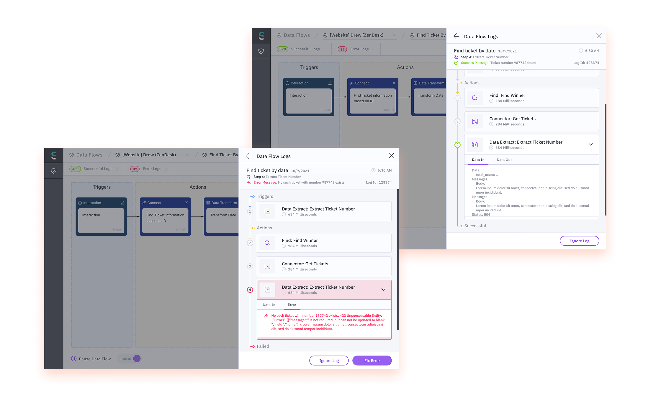 Skael data-flow logs comparing successful and failed automation runs with step-level diagnostic details